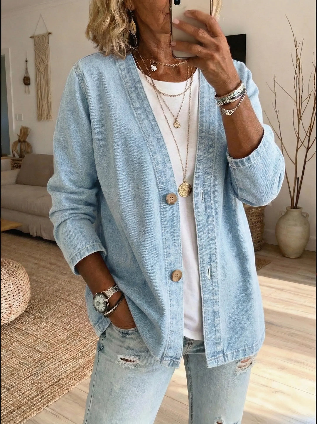 Tilda | Button-Front Denim Cardigan with Collar for Women