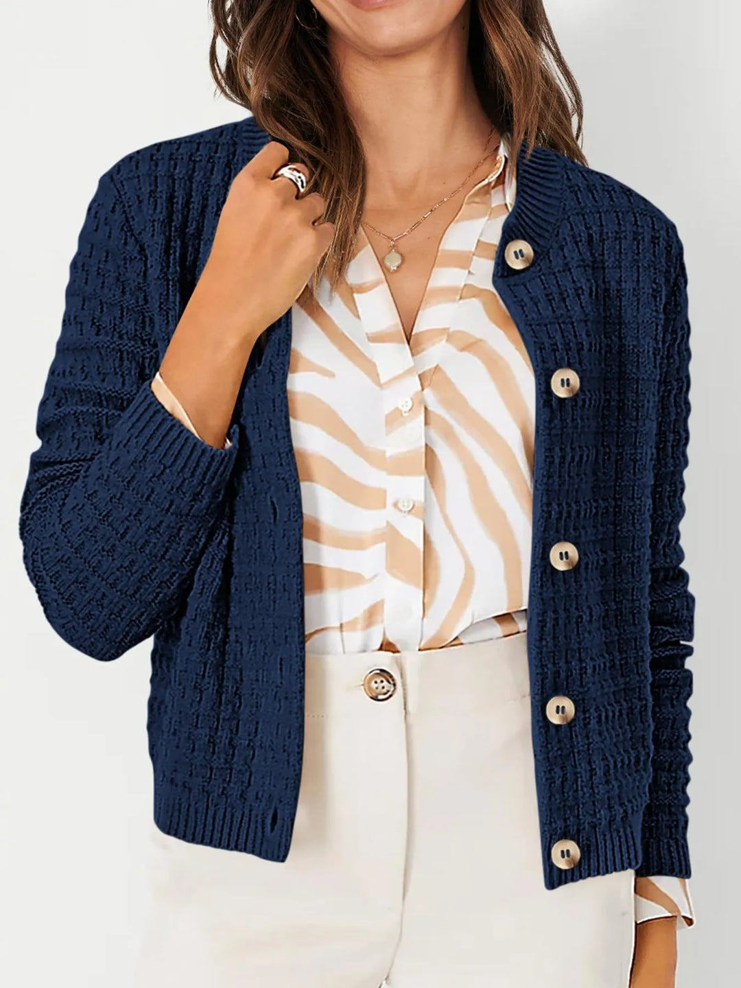 Nadalia | Button-Front Ribbed Cardigan with Notched Collar for Women