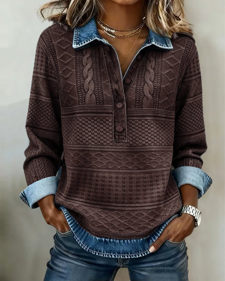 Quinn | Ribbed Cable-Knit Sweatshirt with Denim Collar