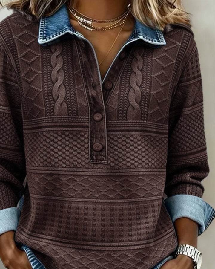 Quinn | Ribbed Cable-Knit Sweatshirt with Denim Collar