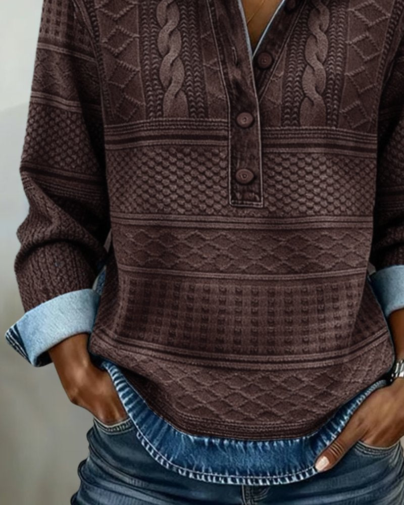 Quinn | Ribbed Cable-Knit Sweatshirt with Denim Collar