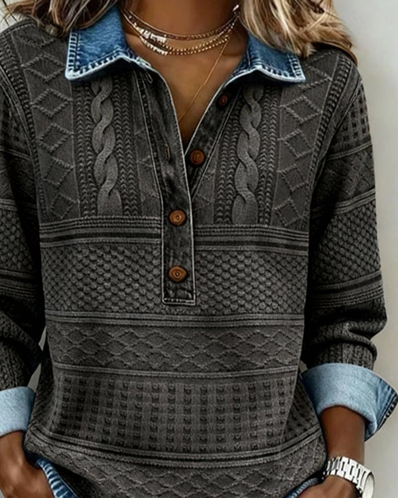 Quinn | Ribbed Cable-Knit Sweatshirt with Denim Collar