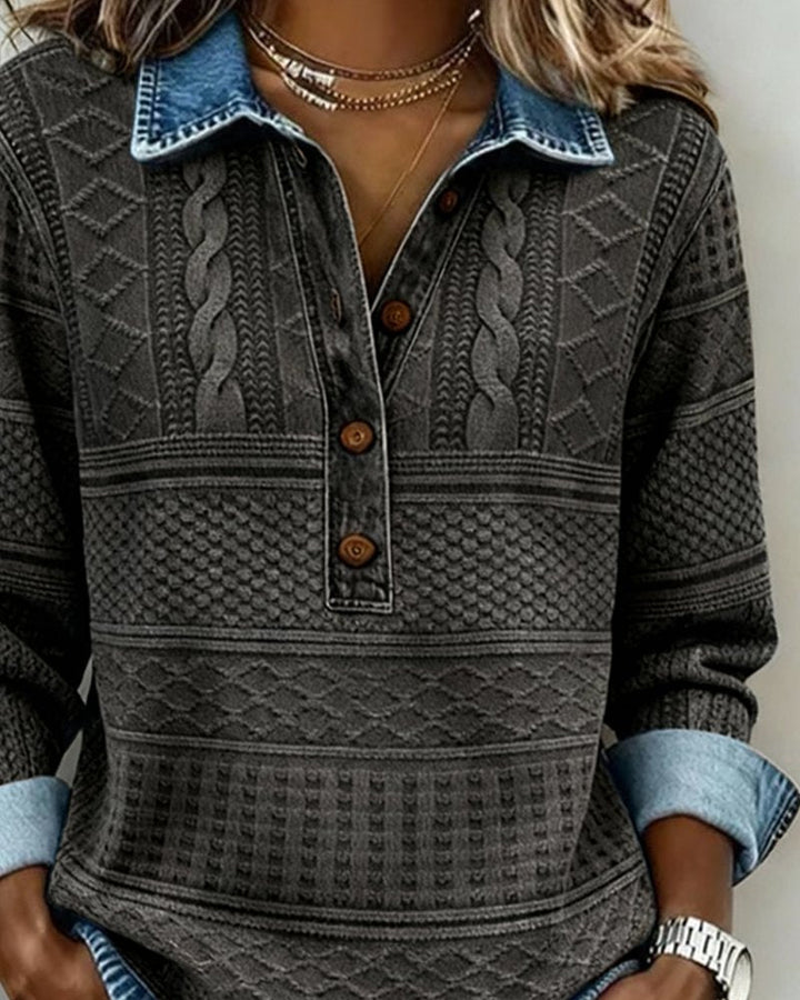 Quinn | Ribbed Cable-Knit Sweatshirt with Denim Collar