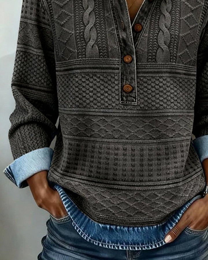 Quinn | Ribbed Cable-Knit Sweatshirt with Denim Collar
