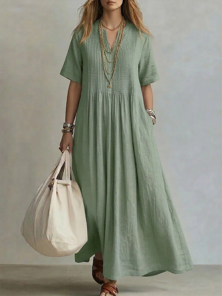 Aveline | Women's Pleated Maxi Dress V-Neck Flowy Fit