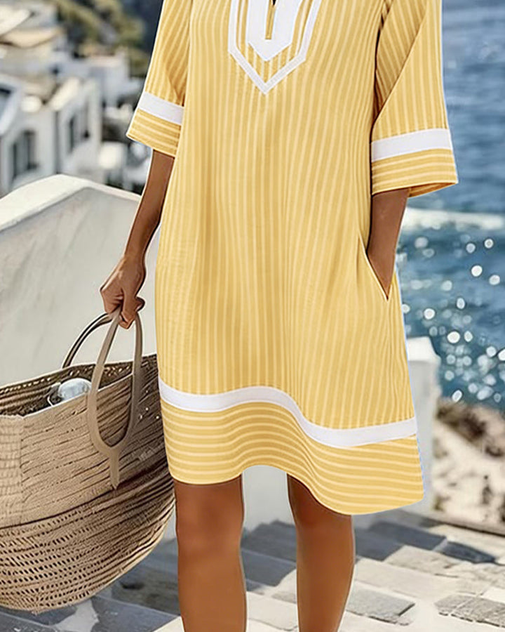 Yvette | Striped V-Neck Shift Dress with Short Sleeves and Pockets for Women