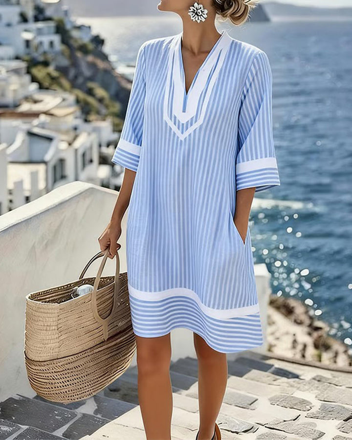 Yvette | Striped V-Neck Shift Dress with Short Sleeves and Pockets for Women