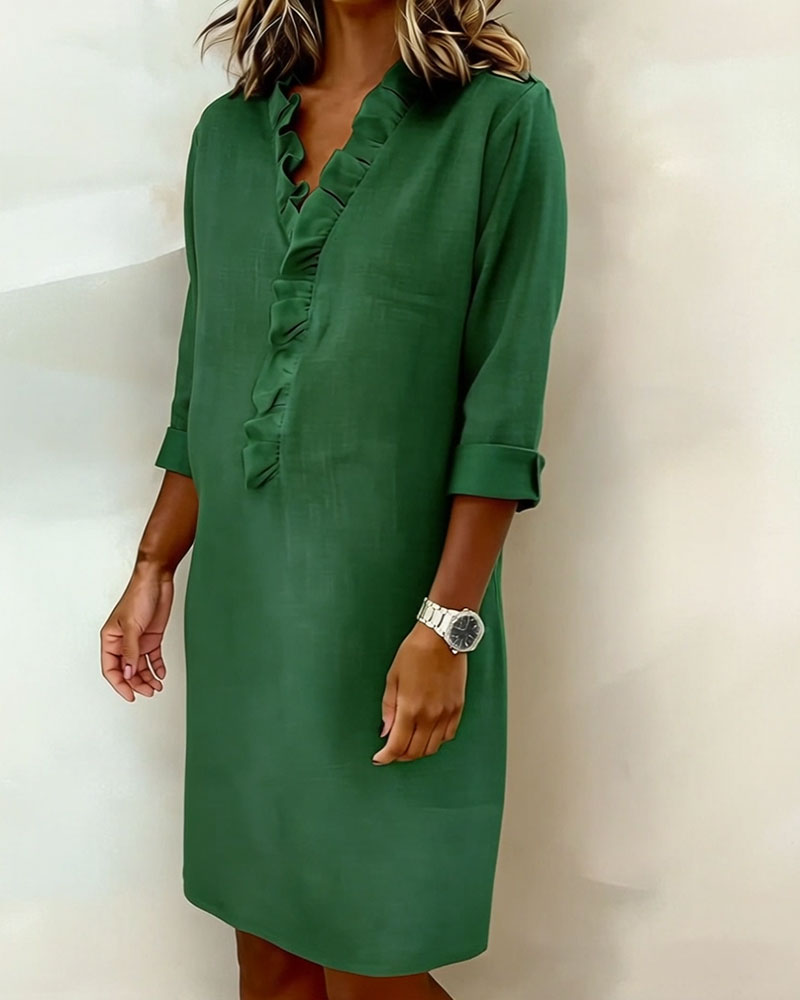 Ida | Women's V-Neck Ruffle Dress with Long Sleeve – Casual Daytime Wear