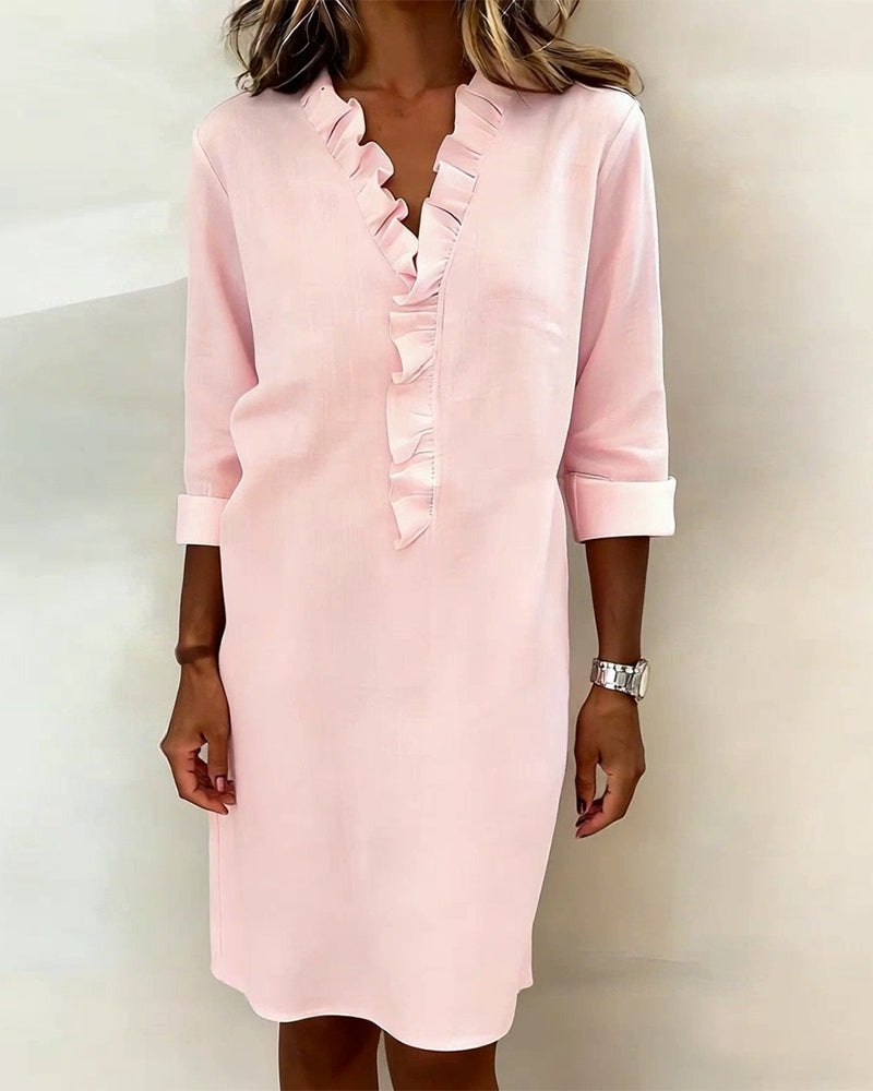 Ida | Women's V-Neck Ruffle Dress with Long Sleeve – Casual Daytime Wear