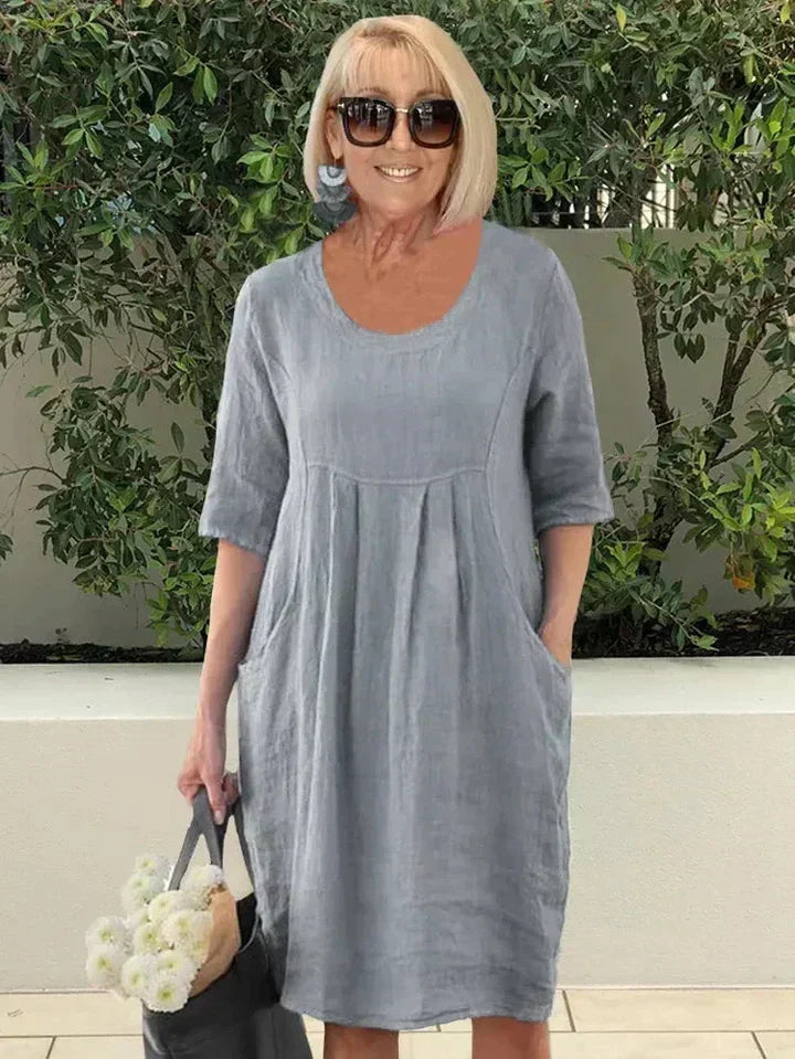 Nadalyra | Oversized Midi Dress with Side Pockets and Round Neck for Women
