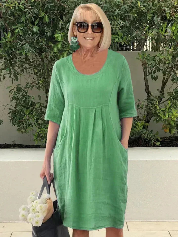 Nadalyra | Oversized Midi Dress with Side Pockets and Round Neck for Women