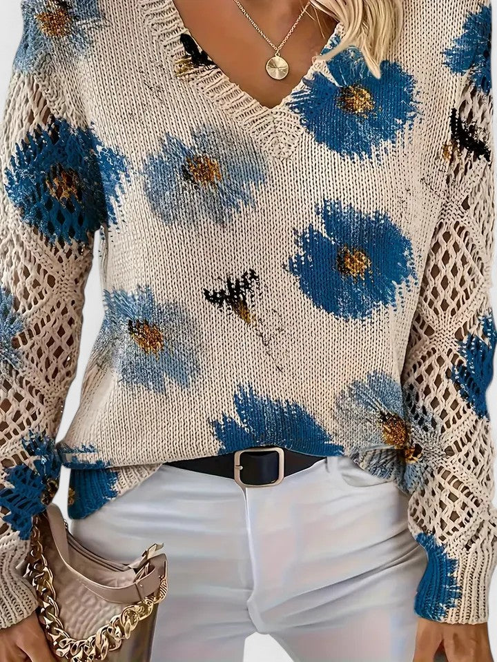 Marlena | Floral V-Neck Knit Sweater with Ribbed Hem