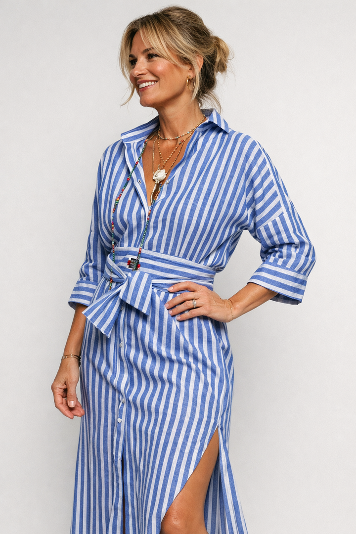 Renske V-Neck Belted Midi Dress with Flattering Fit for Women