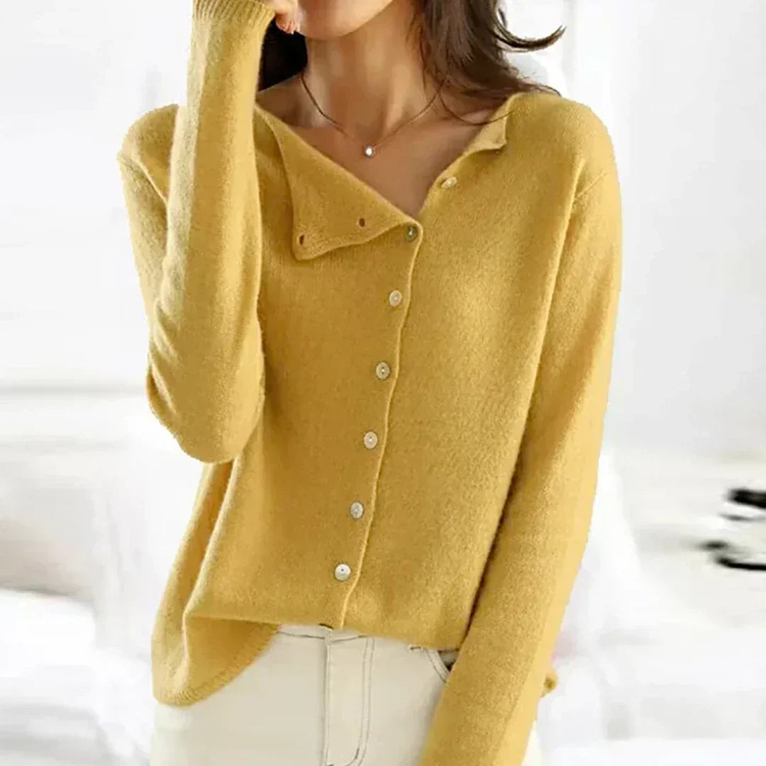 Nadyalise - Ribbed Knit Cardigan with Button Front and Asymmetric Hem