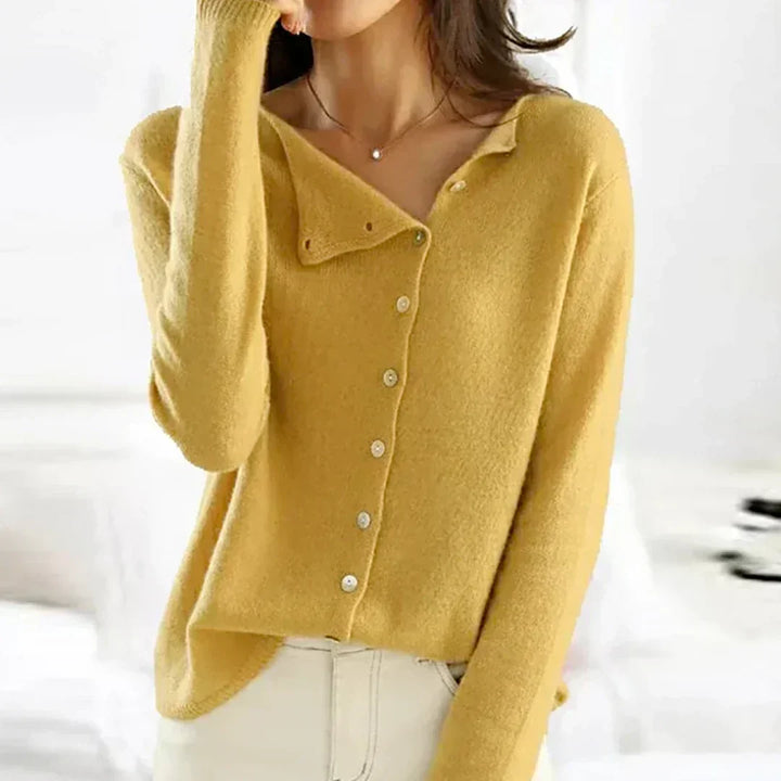 Nadyalise - Ribbed Knit Cardigan with Button Front and Asymmetric Hem