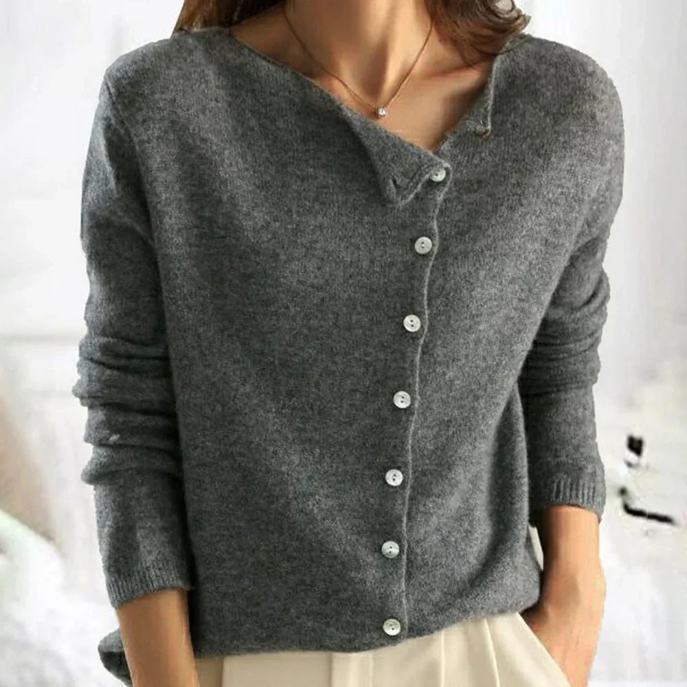 Nadyalise - Ribbed Knit Cardigan with Button Front and Asymmetric Hem