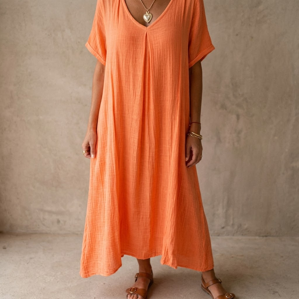 Nadene | V-Neck Maxi Dress with Center Pleat and Short Sleeves for Women