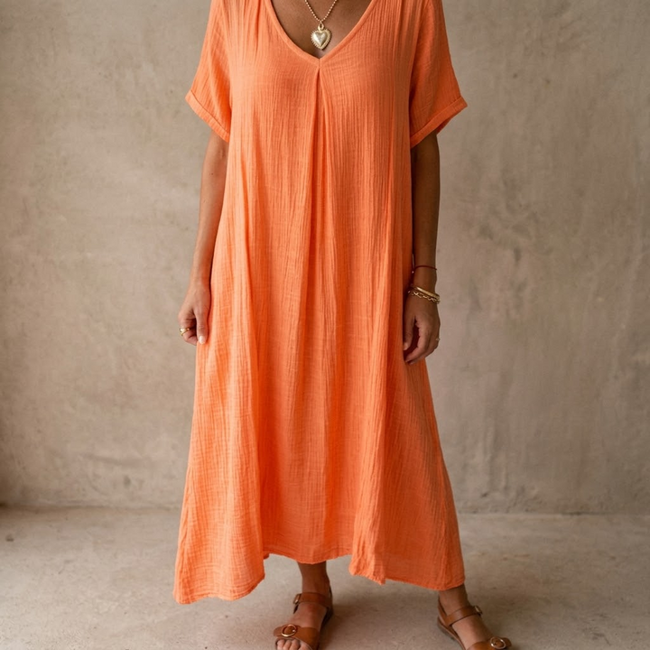 Nadene | V-Neck Maxi Dress with Center Pleat and Short Sleeves for Women