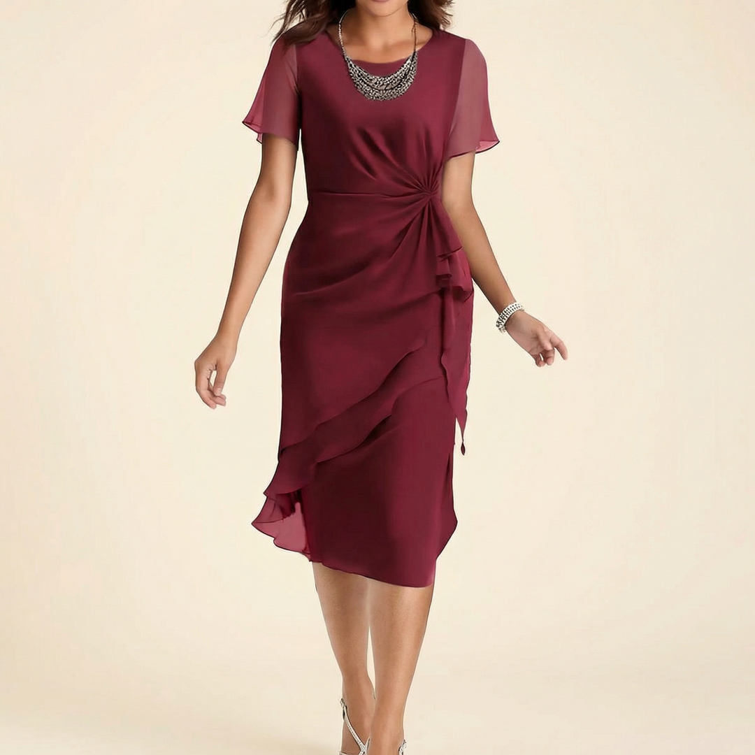 Tineke | Twist-Knot Waist Midi Dress with Ruffled Hem and Flutter Sleeves for Women