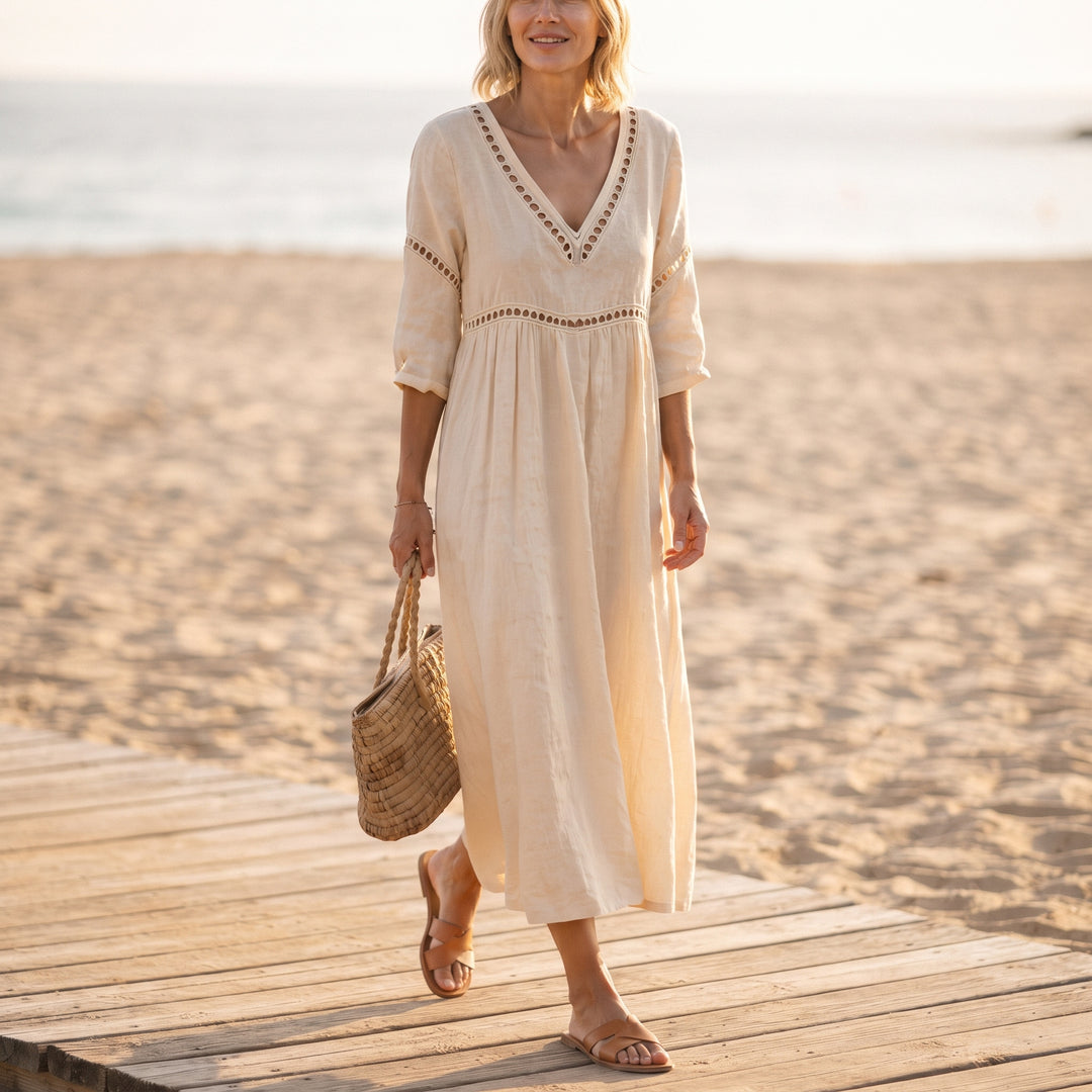 Camille | Women's Midi Dress V-Neck Cut-Out Detail – Beach Vacation