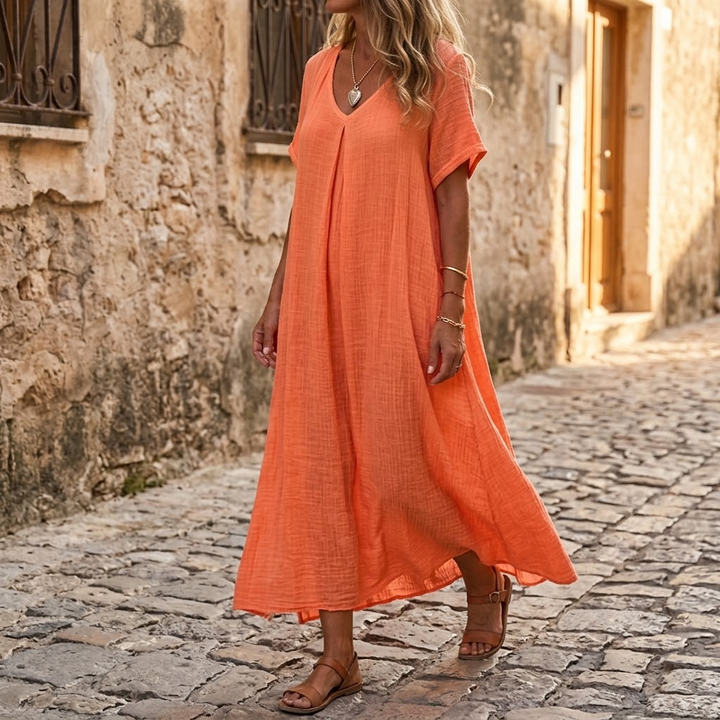 Nadene | V-Neck Maxi Dress with Center Pleat and Short Sleeves for Women