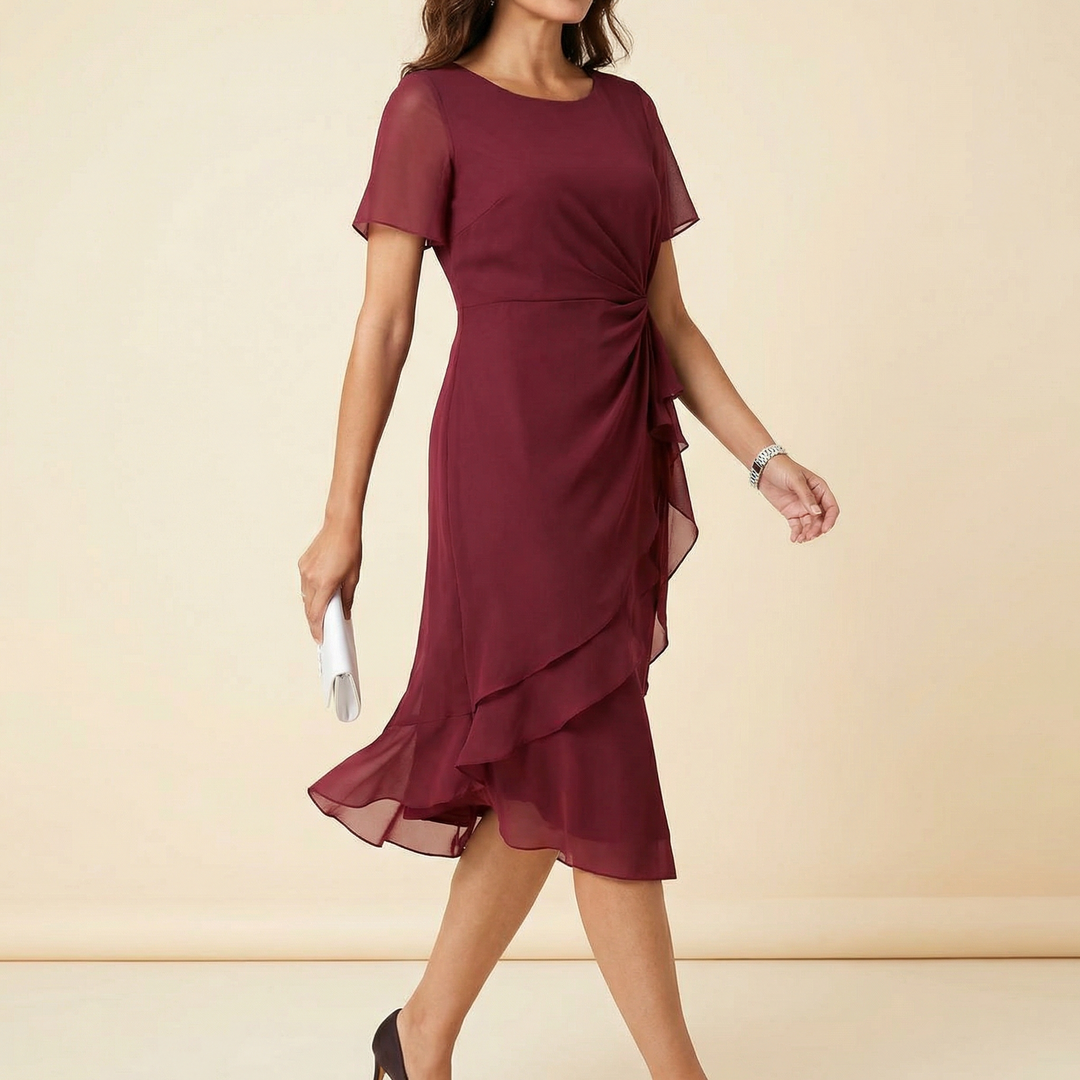 Tineke | Twist-Knot Waist Midi Dress with Ruffled Hem and Flutter Sleeves for Women