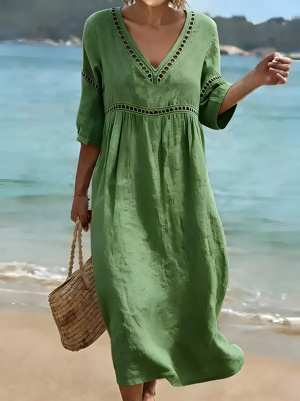 Camille | Women's Midi Dress V-Neck Cut-Out Detail – Beach Vacation
