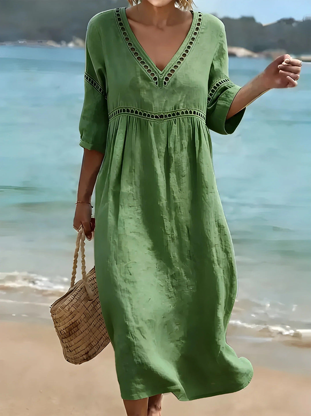 Camille | Women's Midi Dress V-Neck Cut-Out Detail – Beach Vacation
