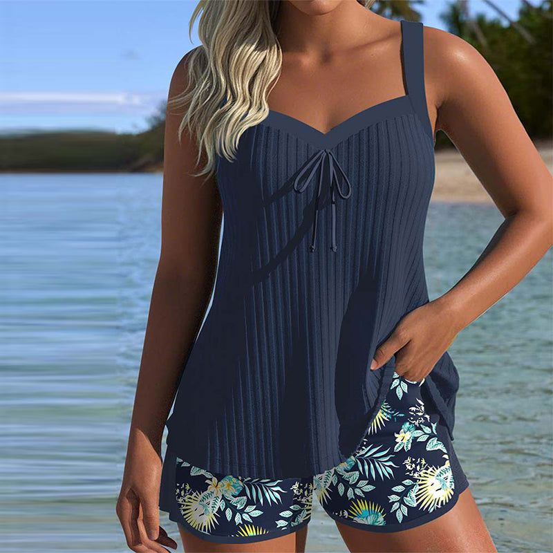 Sana | Ribbed V-Neck Tankini Set with Tropical Print Shorts