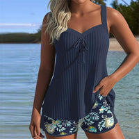 Sana | Ribbed V-Neck Tankini Set with Tropical Print Shorts