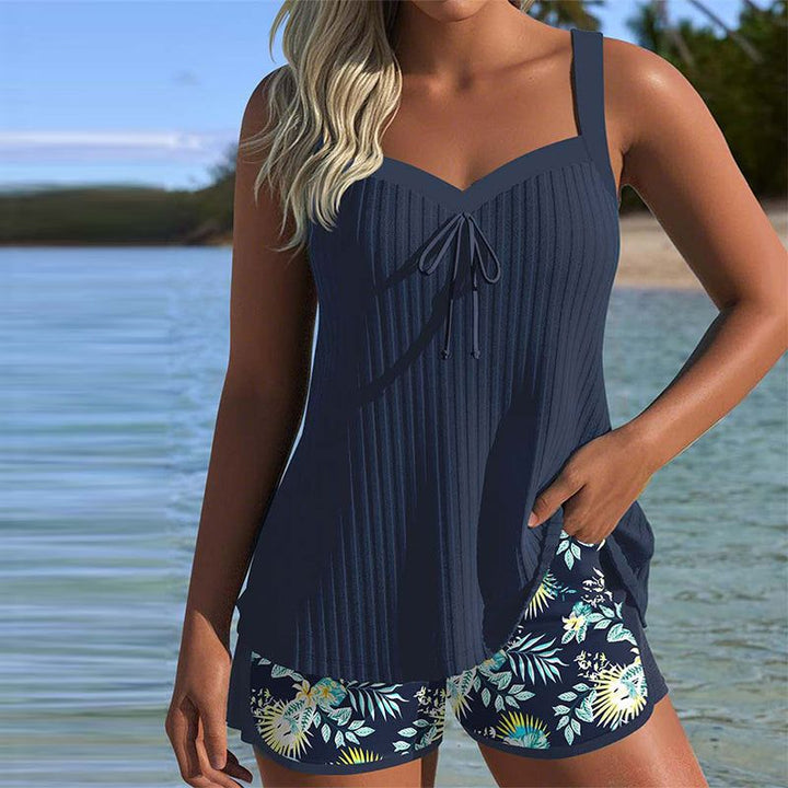 Sana | Ribbed V-Neck Tankini Set with Tropical Print Shorts