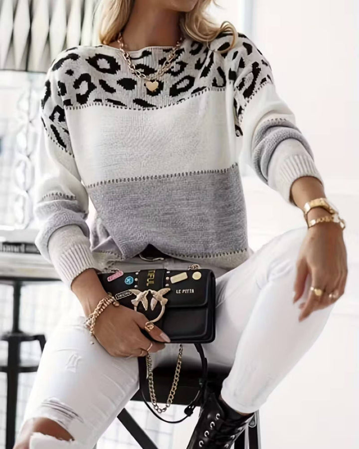 Nina | Leopard Colourblock Ribbed Knit Sweater for Women