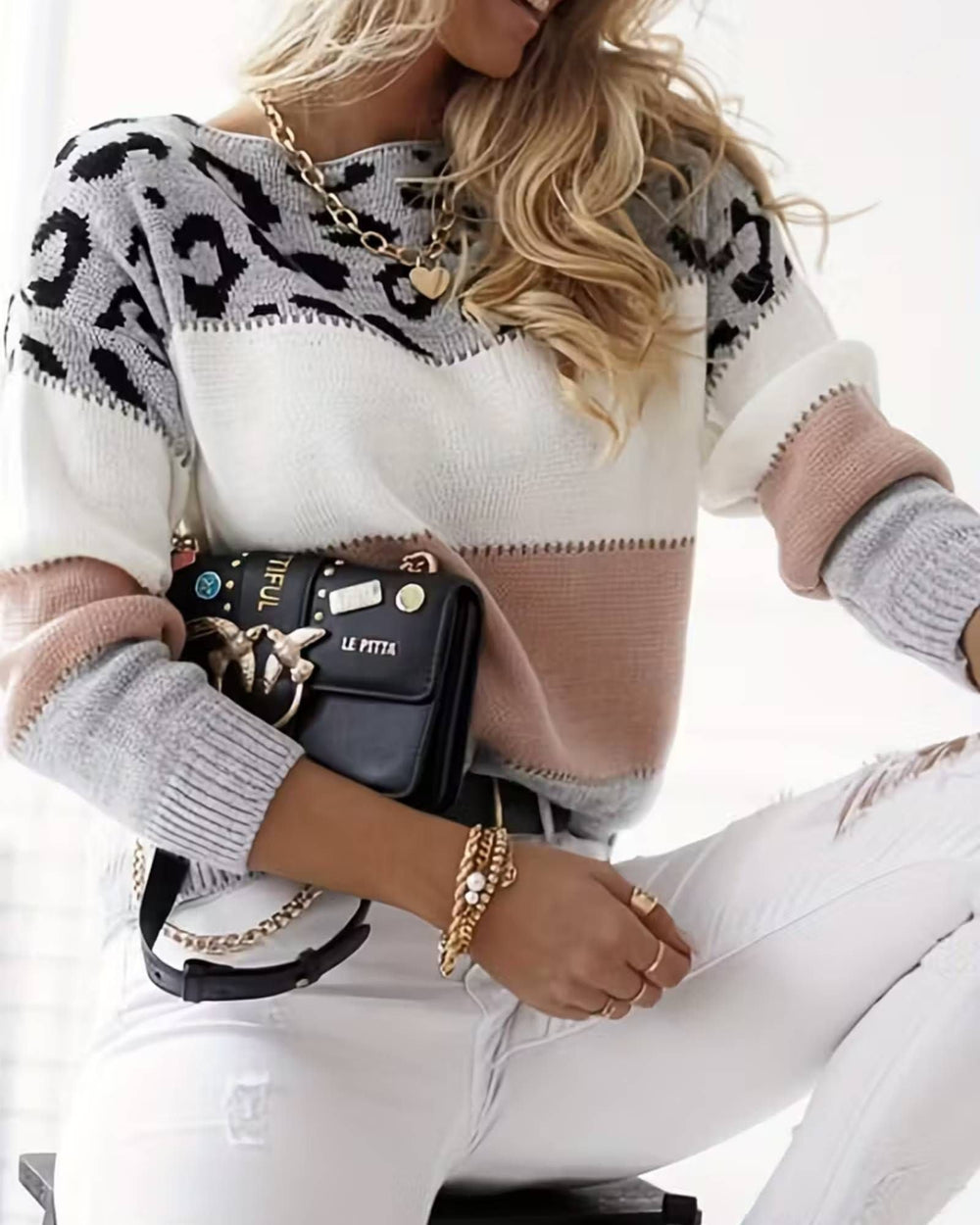 Nina | Leopard Colourblock Ribbed Knit Sweater for Women