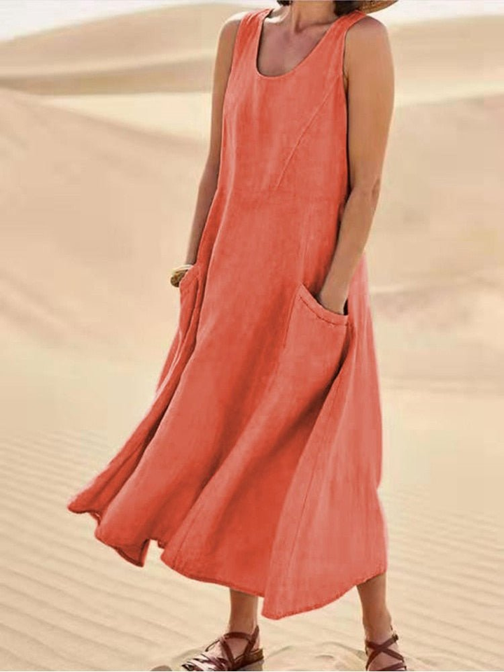 Elara | Women's Scoop-Neck Sleeveless Midi Dress with Pockets