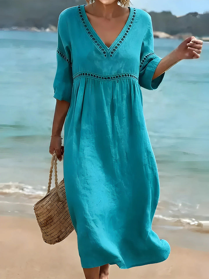 Camille | Women's Midi Dress V-Neck Cut-Out Detail – Beach Vacation