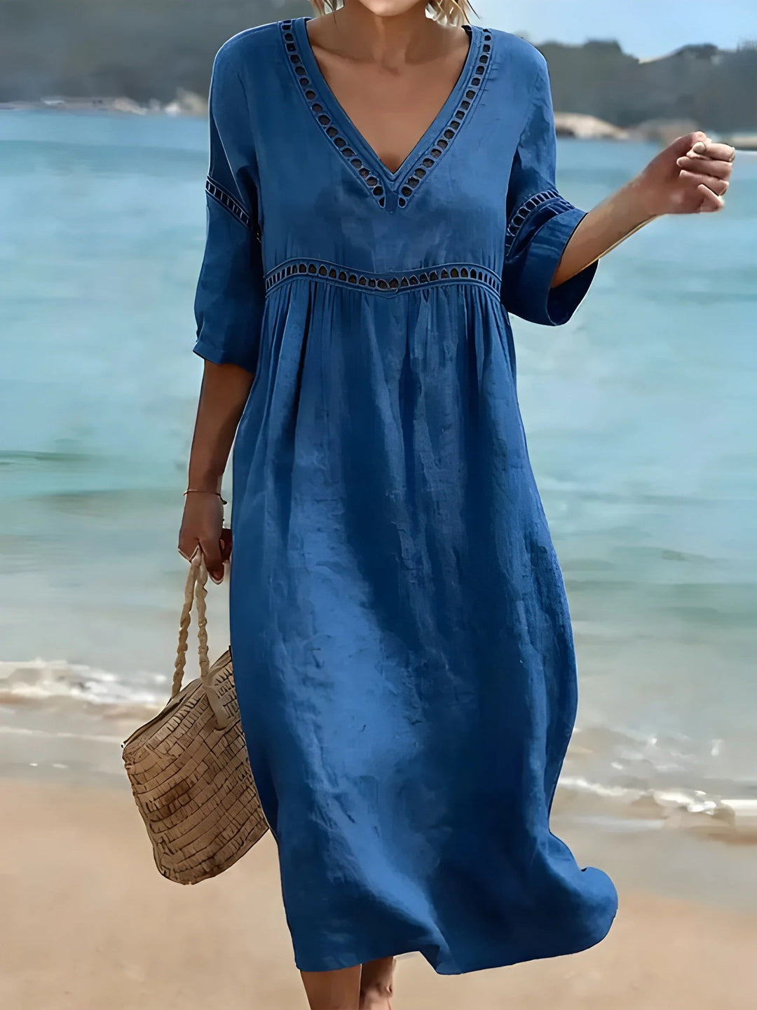 Camille | Women's Midi Dress V-Neck Cut-Out Detail – Beach Vacation