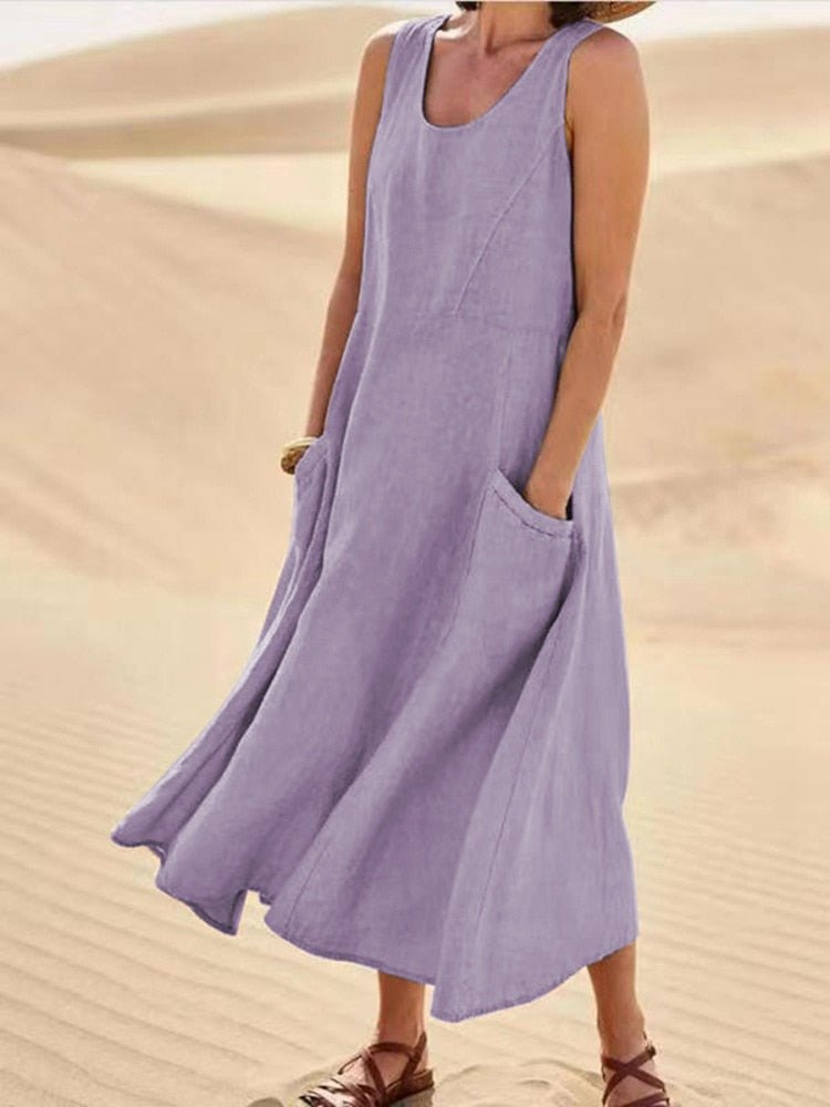 Elara | Women's Scoop-Neck Sleeveless Midi Dress with Pockets