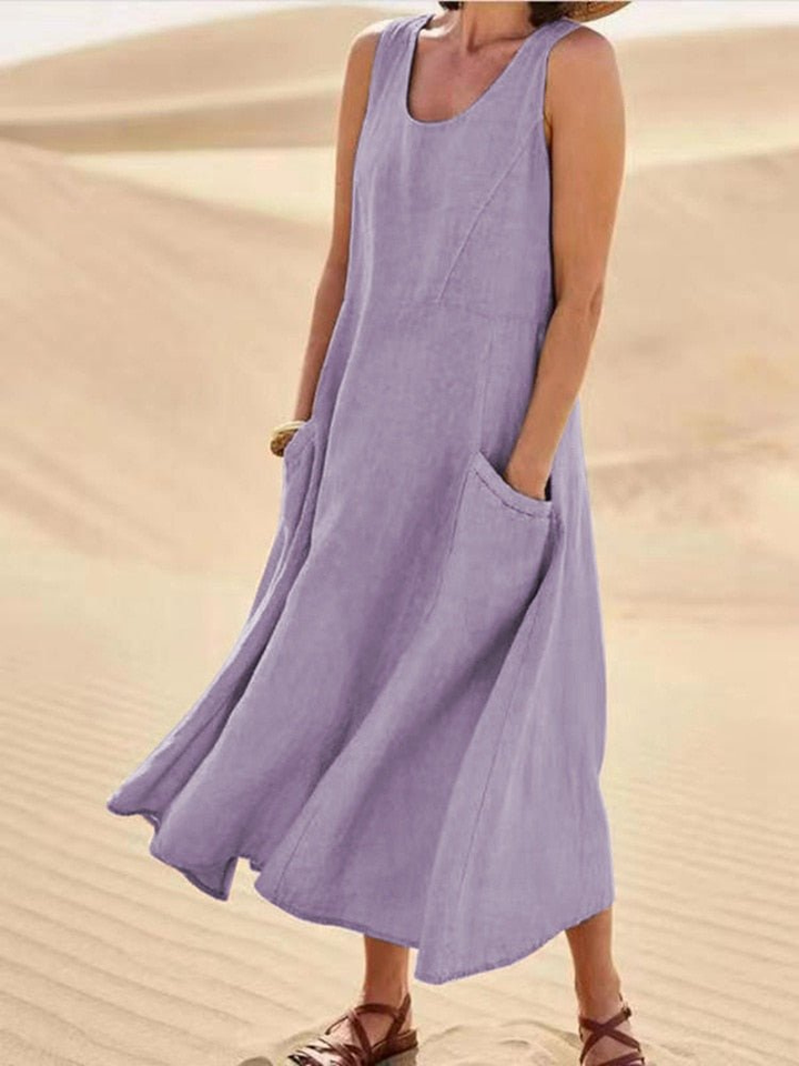 Elara | Women's Scoop-Neck Sleeveless Midi Dress with Pockets