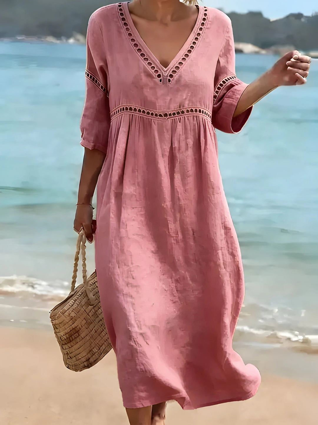 Camille | Women's Midi Dress V-Neck Cut-Out Detail – Beach Vacation