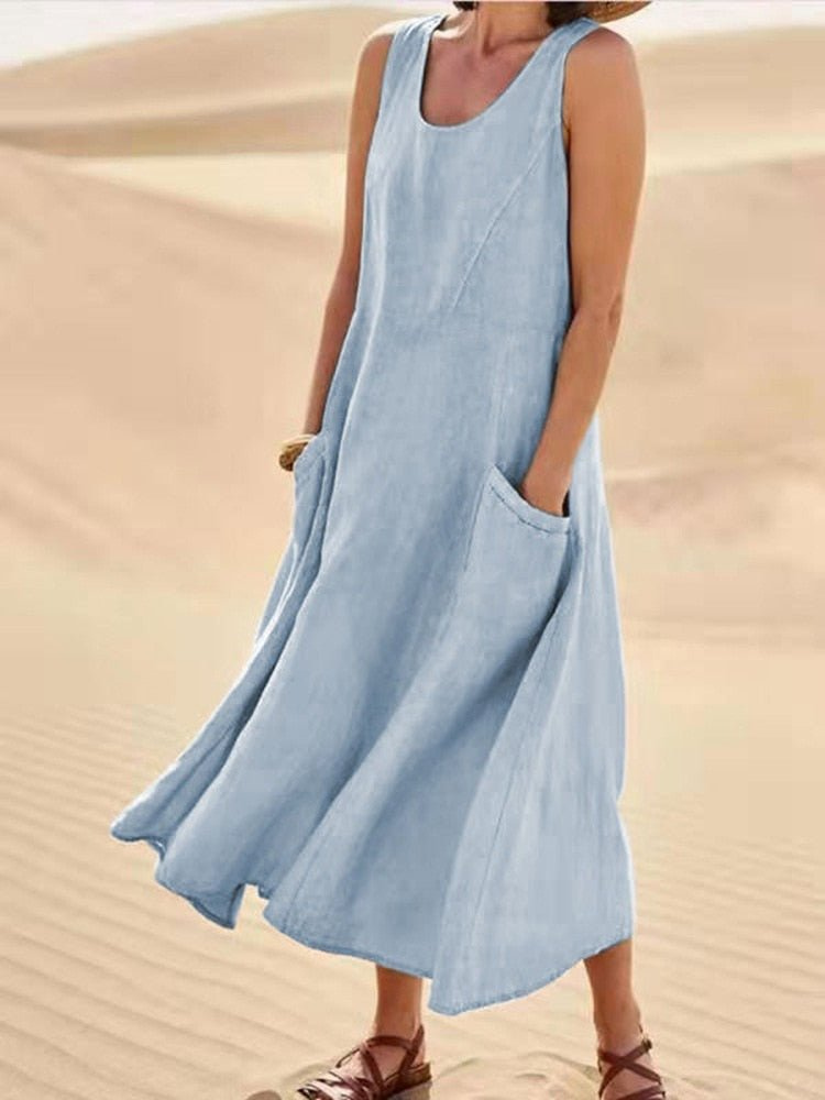 Elara | Women's Scoop-Neck Sleeveless Midi Dress with Pockets