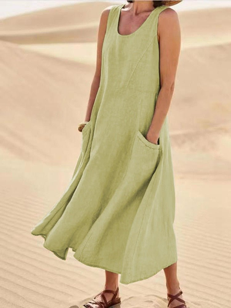 Elara | Women's Scoop-Neck Sleeveless Midi Dress with Pockets