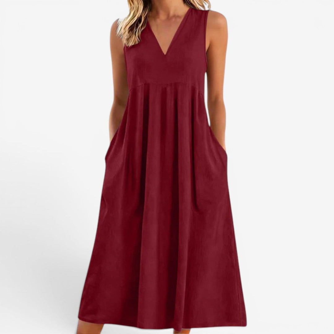 Janne | Women's Midi Dress V-Neck Flared Empire Waist – Casual Chic