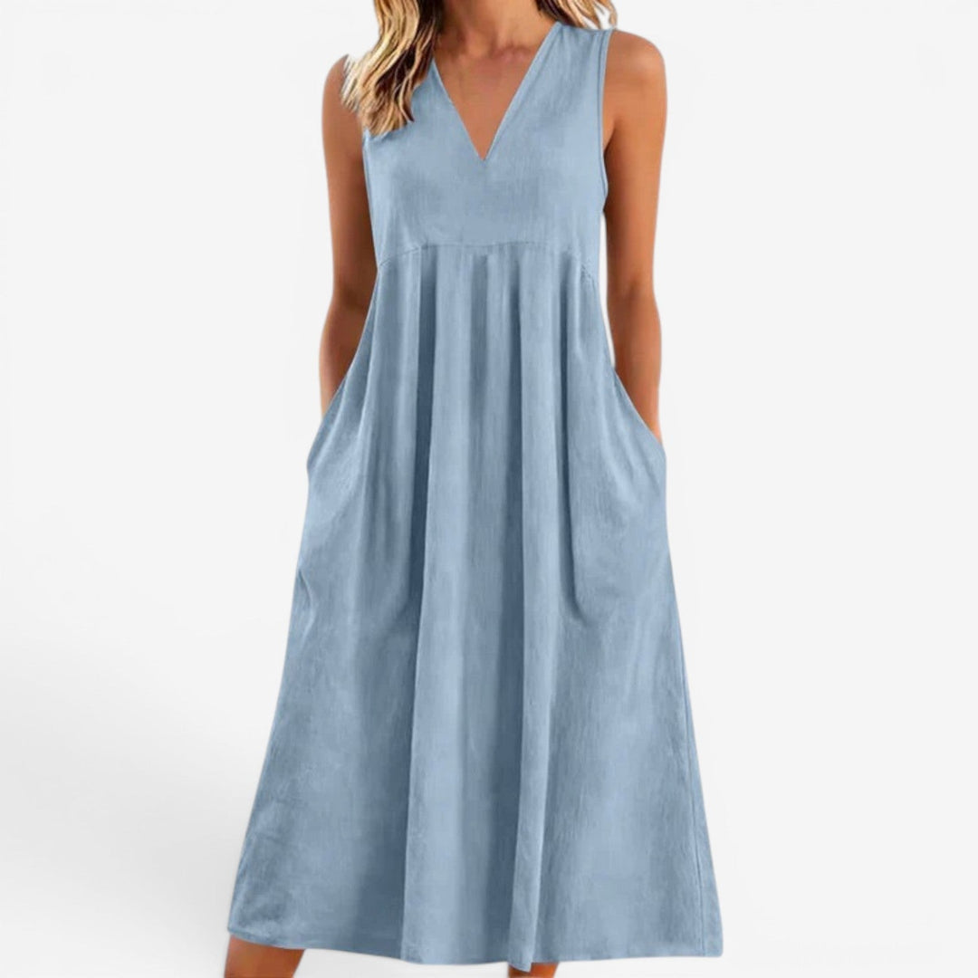 Janne | Women's Midi Dress V-Neck Flared Empire Waist – Casual Chic