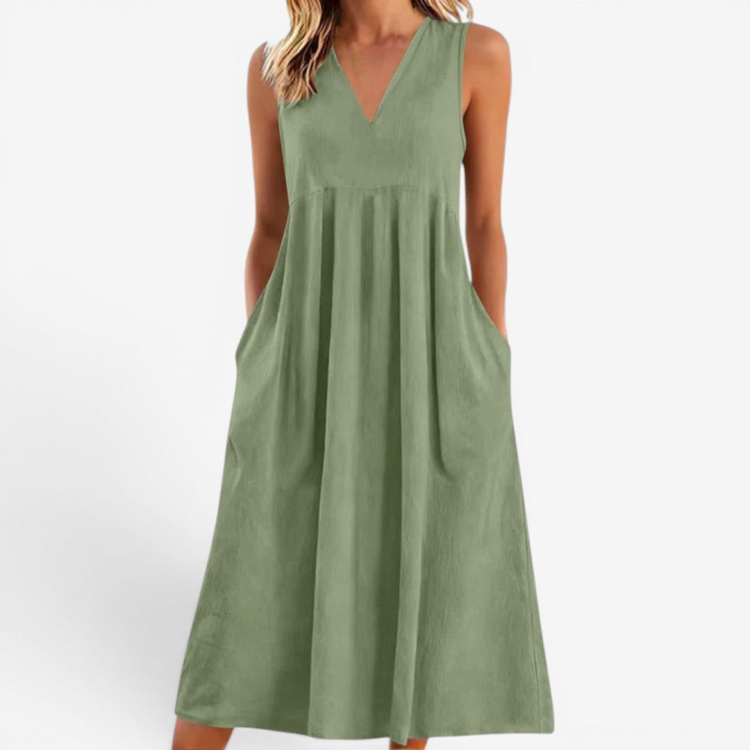 Janne | Women's Midi Dress V-Neck Flared Empire Waist – Casual Chic