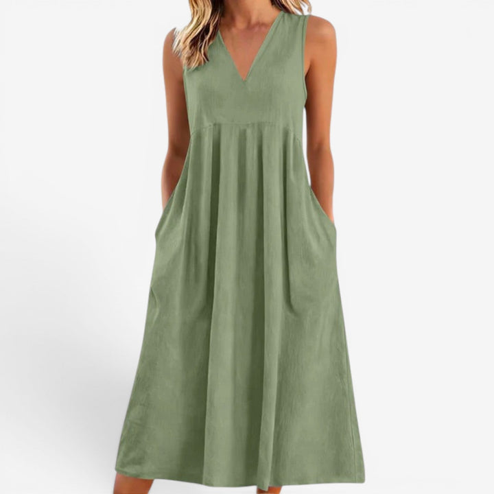 Janne | Women's Midi Dress V-Neck Flared Empire Waist – Casual Chic
