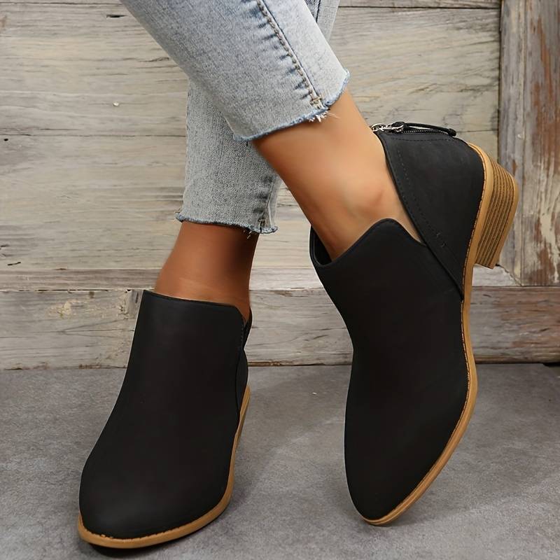 Bianca | Pointed Toe Ankle Boots with V-Cut Out and Block Heel