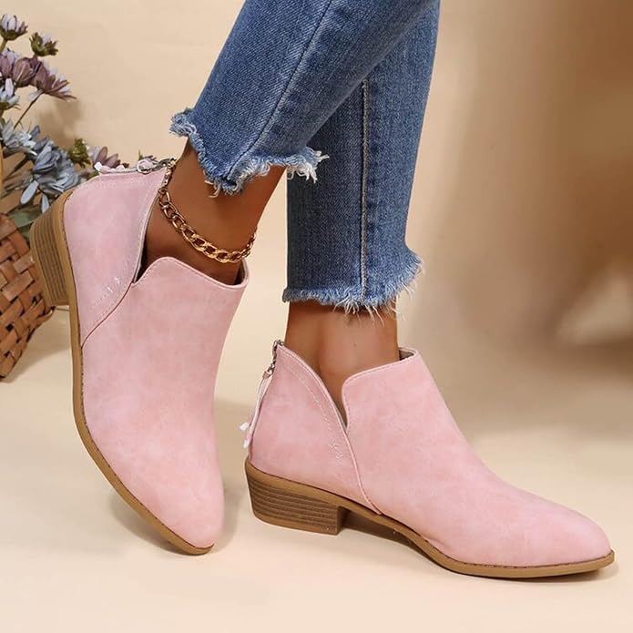 Bianca | Pointed Toe Ankle Boots with V-Cut Out and Block Heel