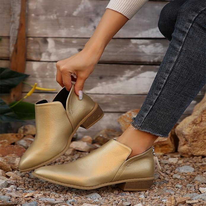 Bianca | Pointed Toe Ankle Boots with V-Cut Out and Block Heel