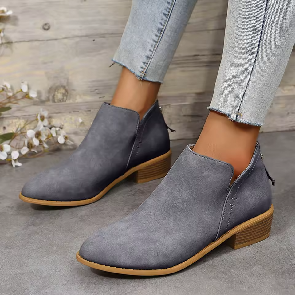 Bianca | Pointed Toe Ankle Boots with V-Cut Out and Block Heel
