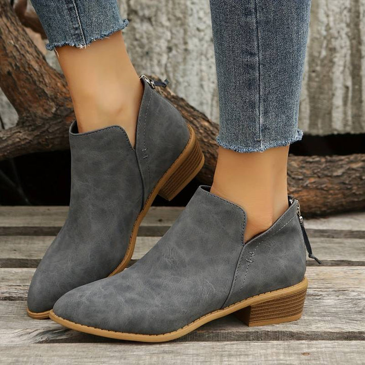 Bianca | Pointed Toe Ankle Boots with V-Cut Out and Block Heel